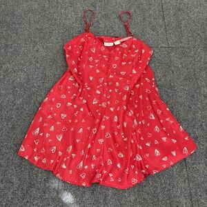 Vintage Kathryn Y2K Satin Hearts Button Babydoll Tank Top Red Small 90s